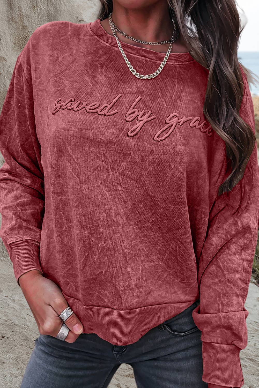 Saved by grace Embroidery Mineral Wash Sweatshirt