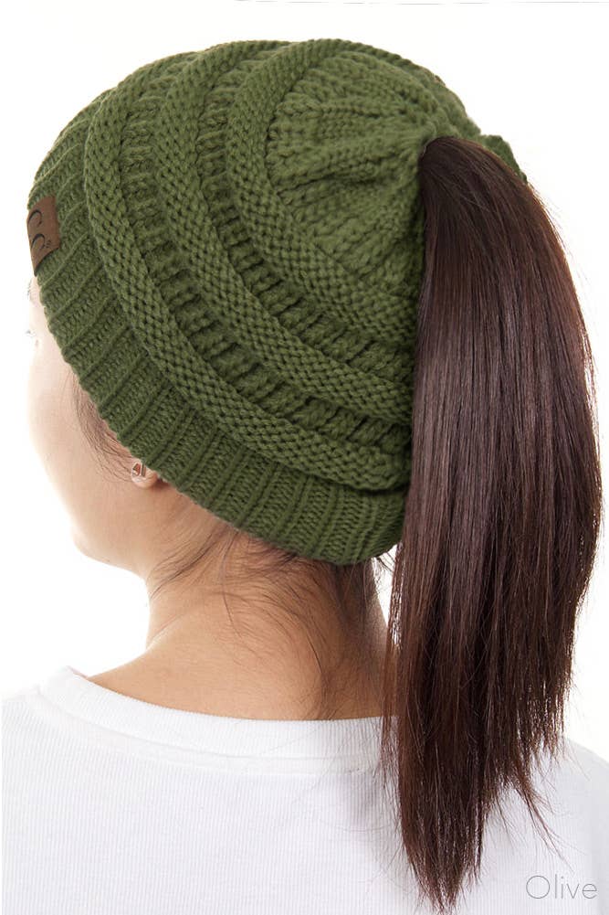 C.C Solid Color Ponytail Messy Bun Beanie