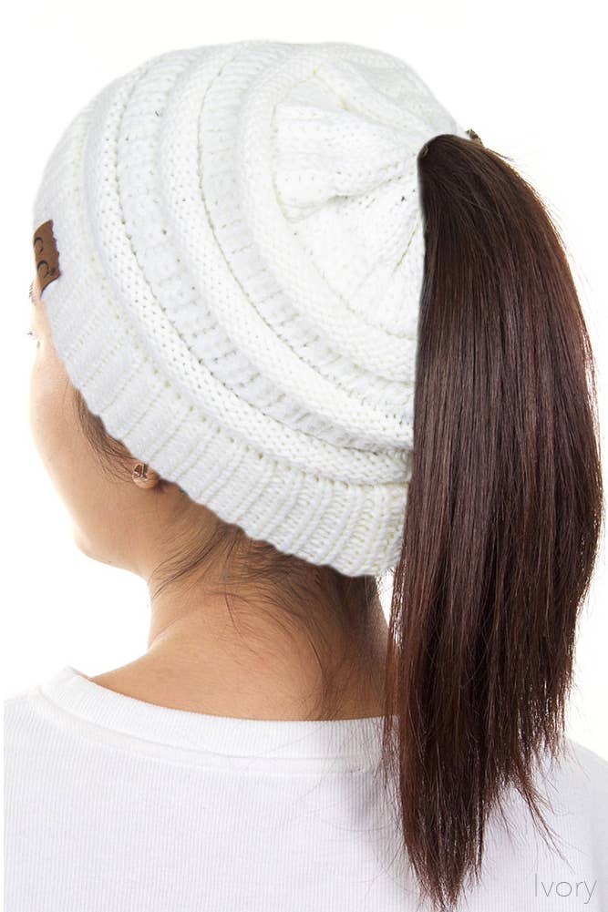 C.C Solid Color Ponytail Messy Bun Beanie