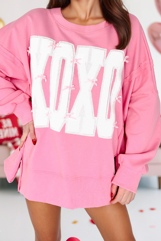 Valentine Sequin XOXO Printed Exposed Seam Baggy Sweatshirt