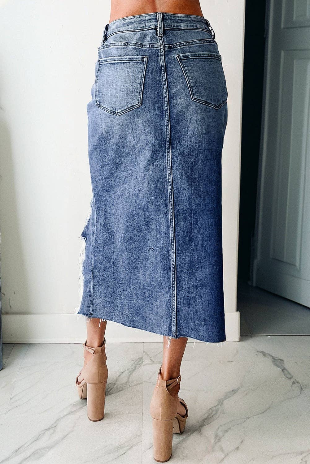 Denim Asymmetrical Distressed Midi Skirt
