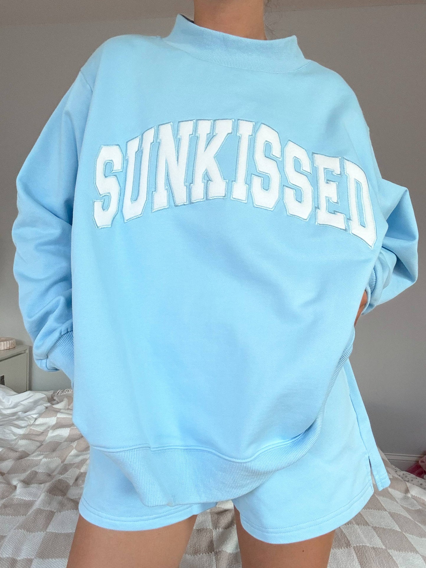 Sunkissed Coconut Berry Blue Varsity Sunkissed Embroidered Mockneck Sweatshirt 100% Cotton
