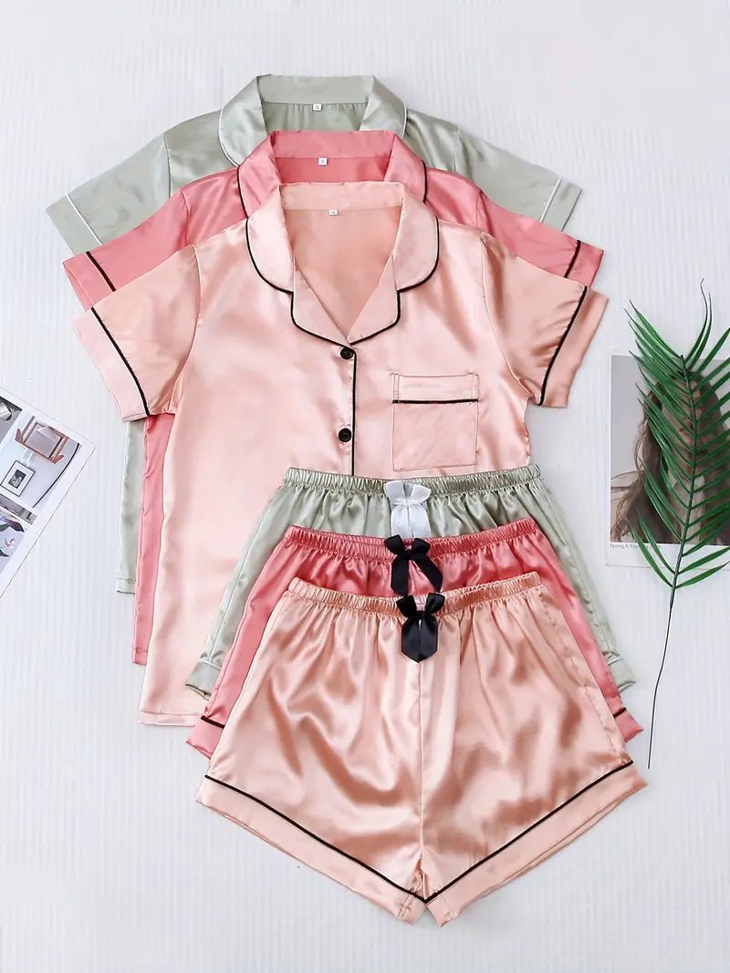 3 Sets of Satin Pajama Set, Short Sleeve Lapel Top & Bow Shorts, Women's Sleepwear & Loungewear