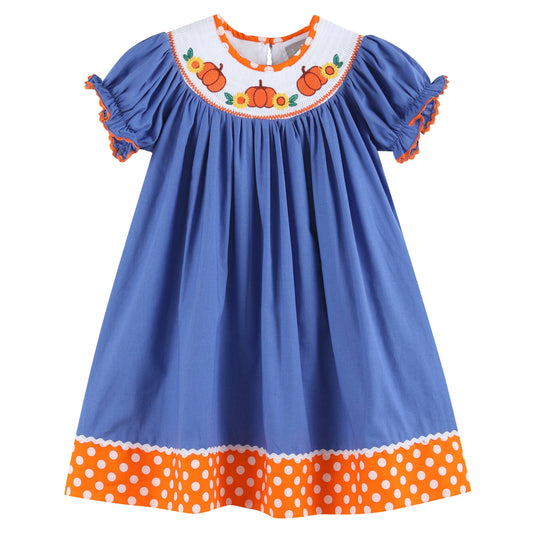 Lil Cactus Blue Pumpkin Sunflower Smocked Bishop Dress