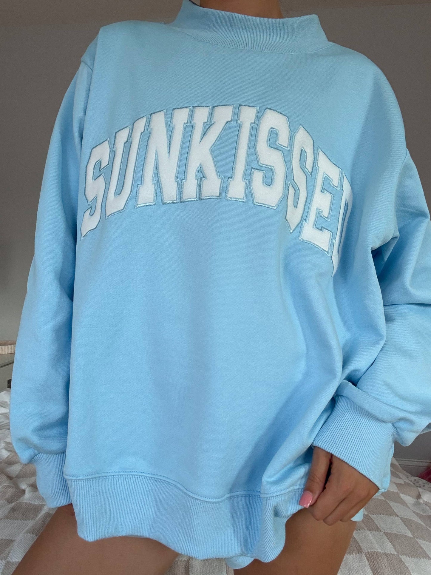 Sunkissed Coconut Berry Blue Varsity Sunkissed Embroidered Mockneck Sweatshirt 100% Cotton