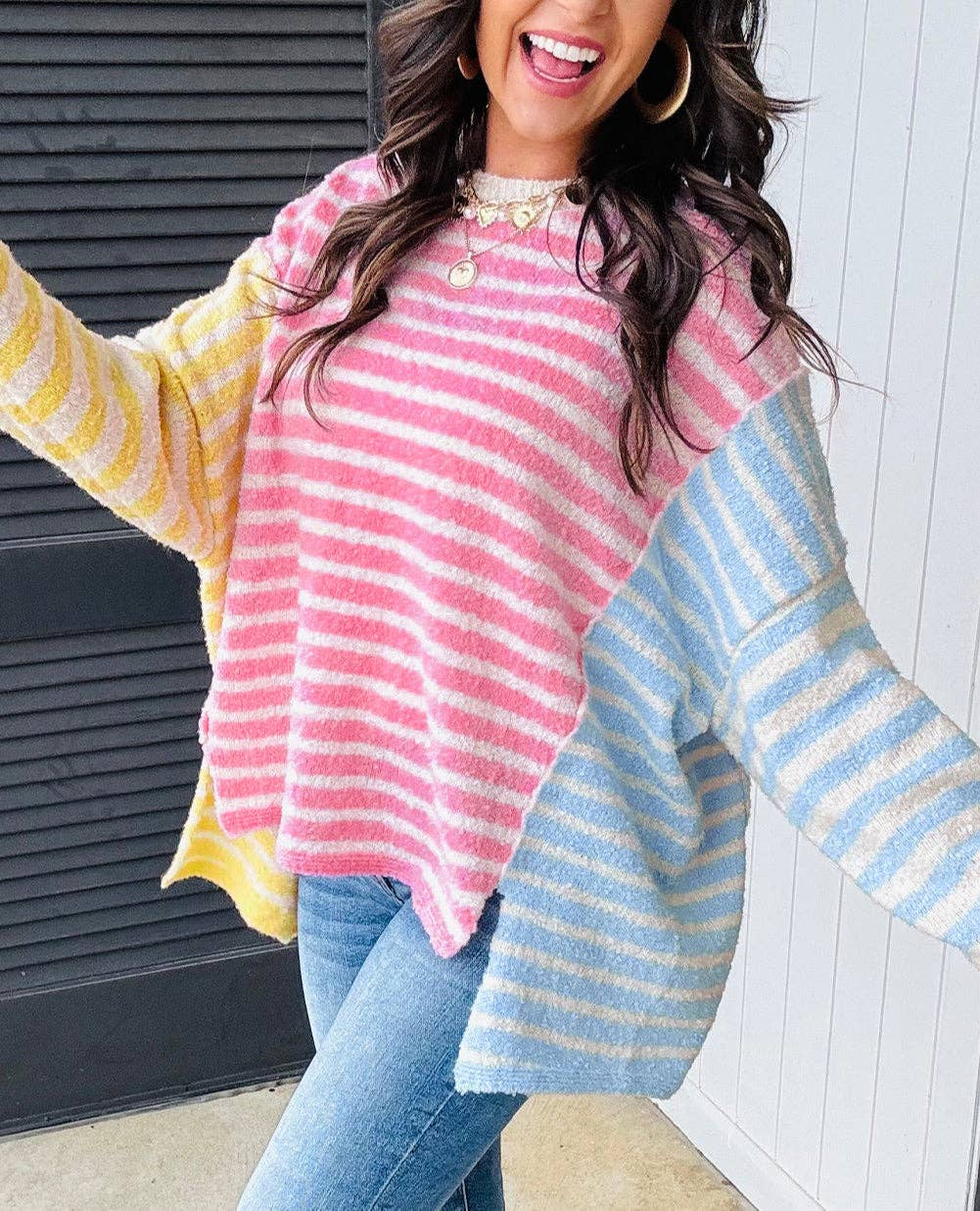 Multicolor Color Block Striped Patchwork Dolman Sleeve Slit Sweater