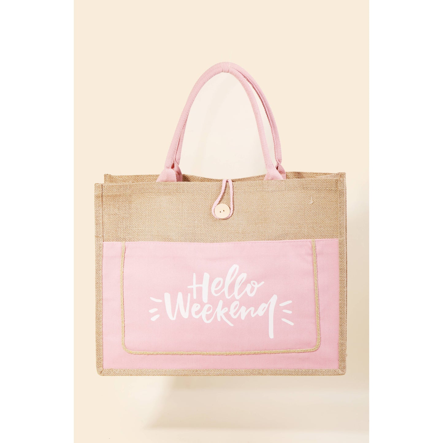 Hello Weekend Burlap Tote Bag