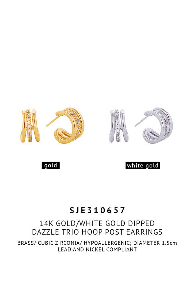 14K Dazzle Trio Hoop Post Earrings