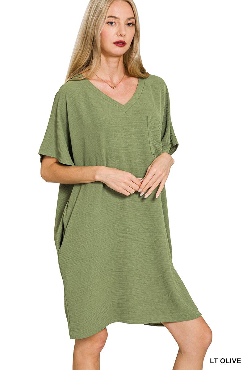 Woven Airflow V Neck T Shirt Dress With Pockets Zenana
