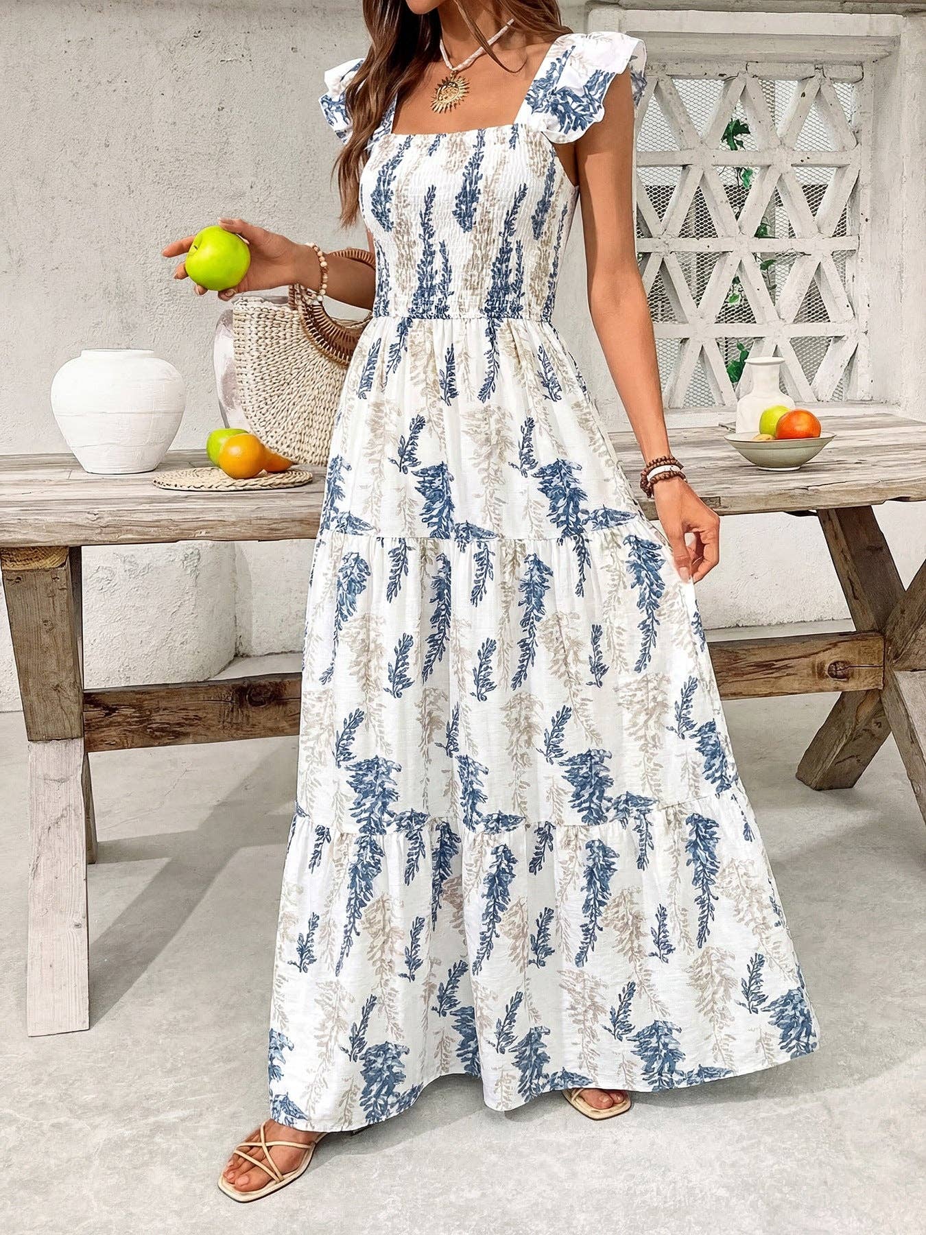 Coastal Floral Smocked Maxi Dress