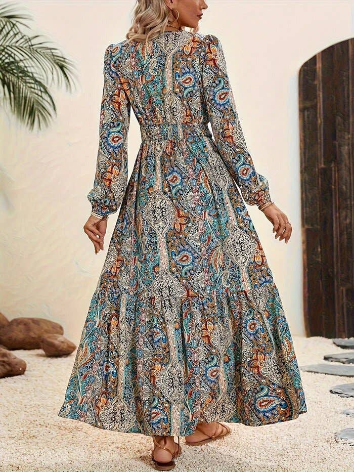 Fashionable Print Tie-Up Long-Sleeved Dress