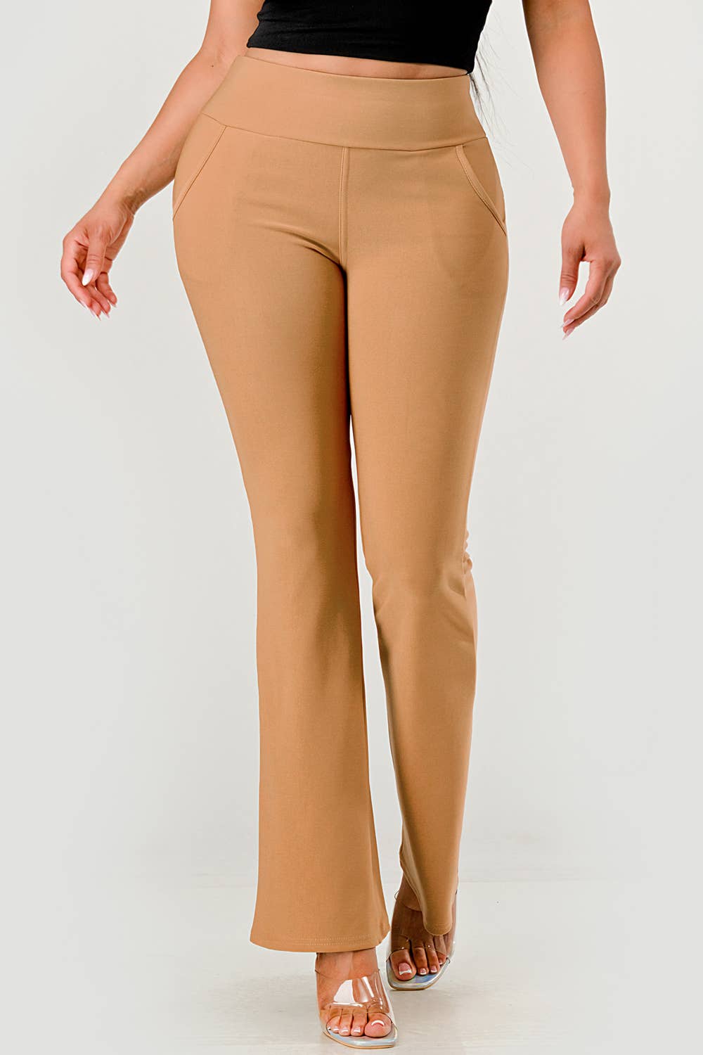 Womens Tummy Control Butt Sculpting Flare Pants With Pockets - Red