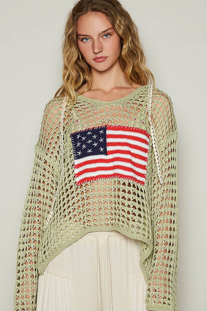 POL Long sleeve American flag hoodie thin sweater top