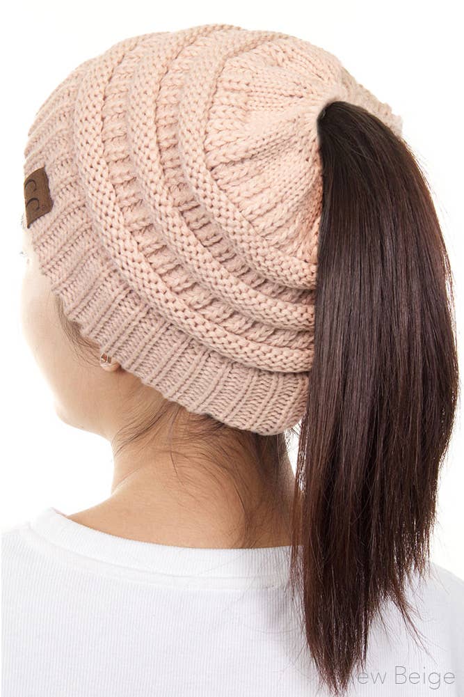 C.C Solid Color Ponytail Messy Bun Beanie