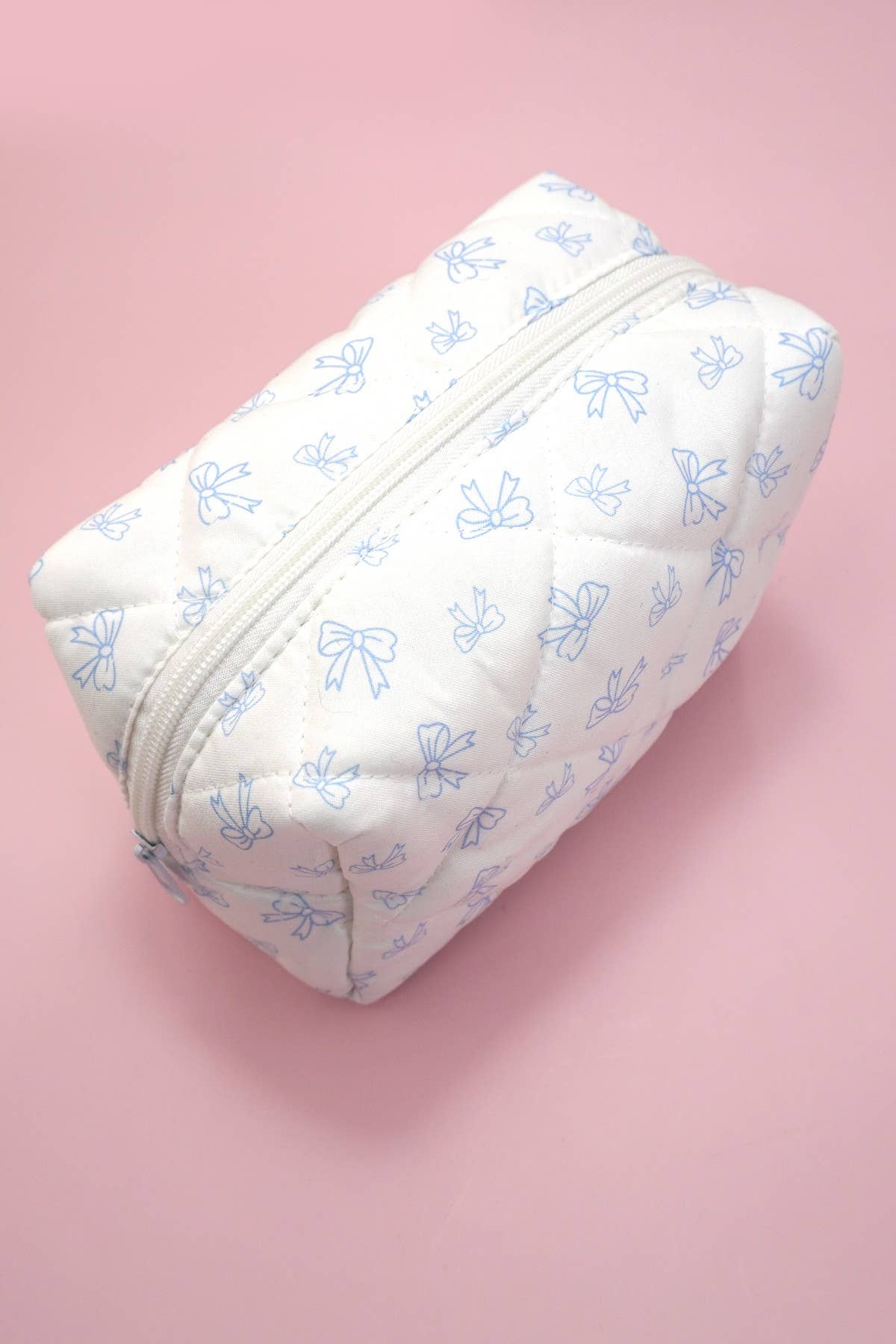 QUILTED COTTON BOW COSMETIC POUCH BAG