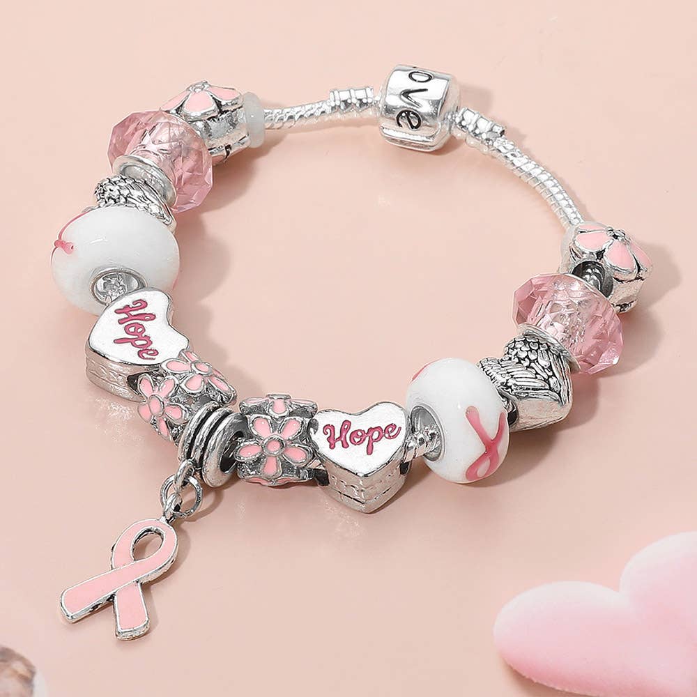 Pink Ribbon Charm Accent Multi Beaded Bracelet