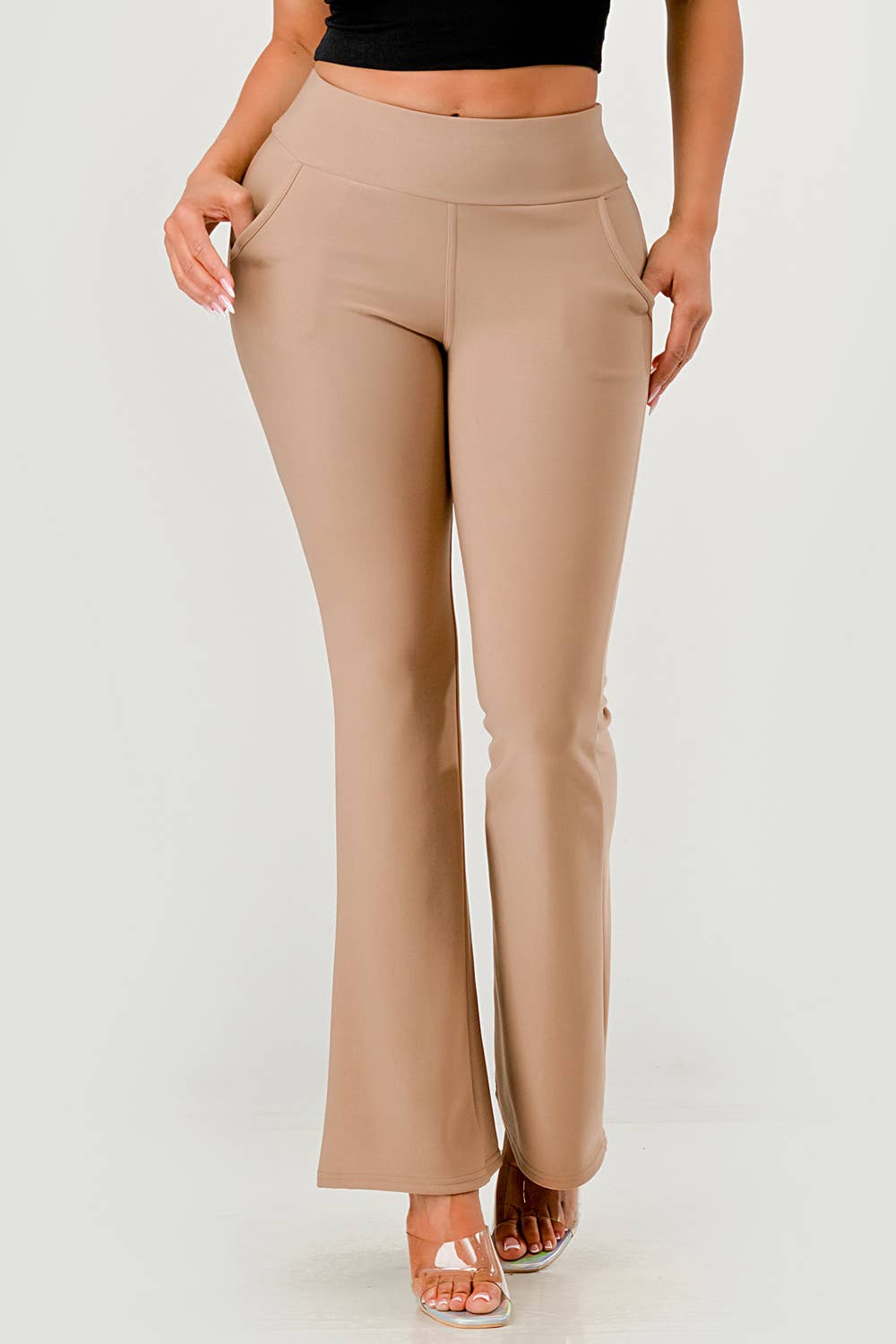 Womens Tummy Control Butt Sculpting Flare Pants With Pockets - Red