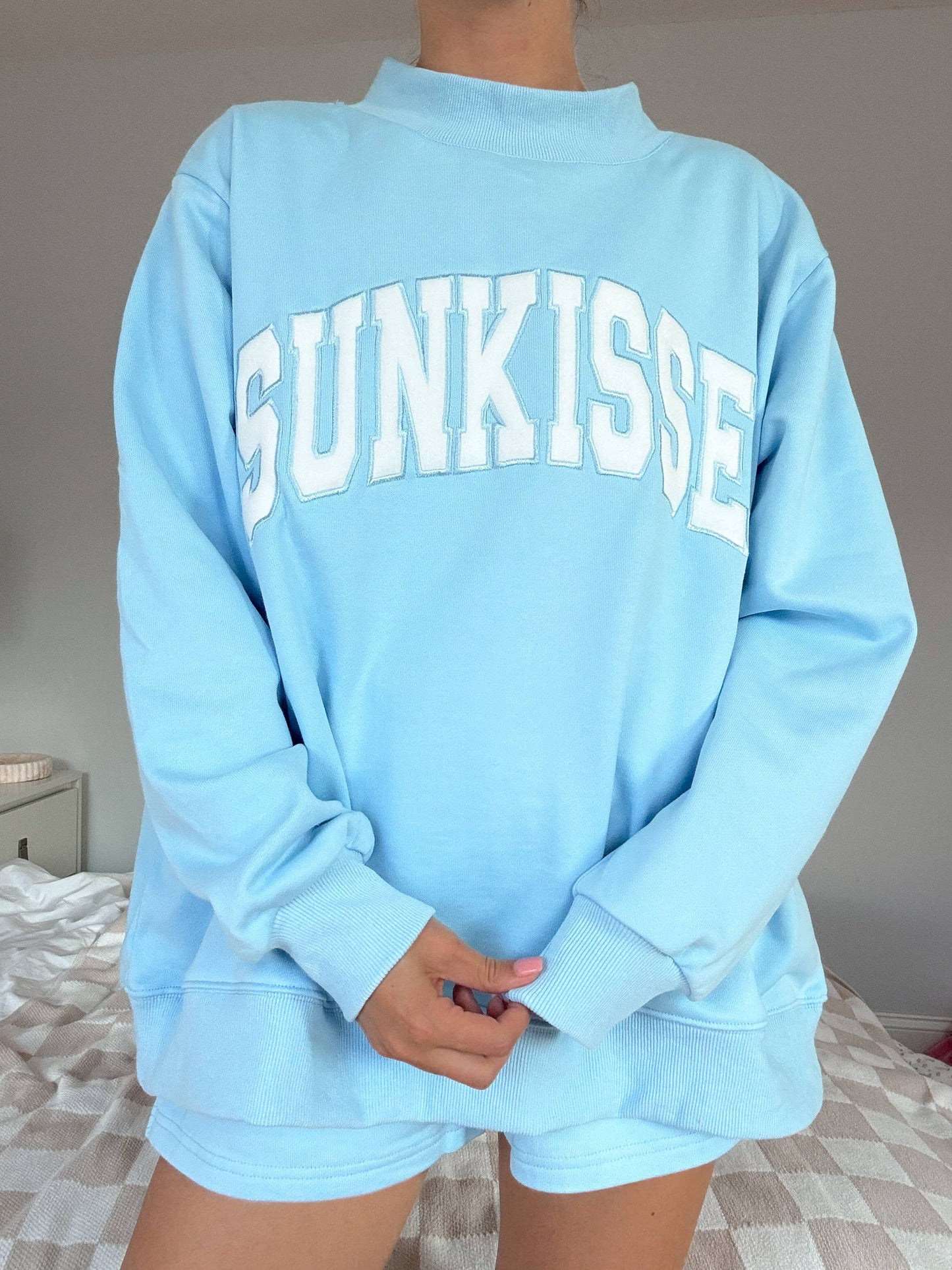 Sunkissed Coconut Berry Blue Varsity Sunkissed Embroidered Mockneck Sweatshirt 100% Cotton