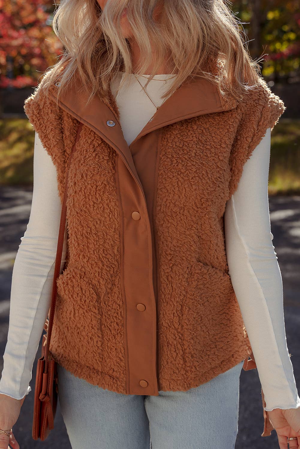 Faux Fur Snap Button Front Knot Side Winter Vest | S-XL