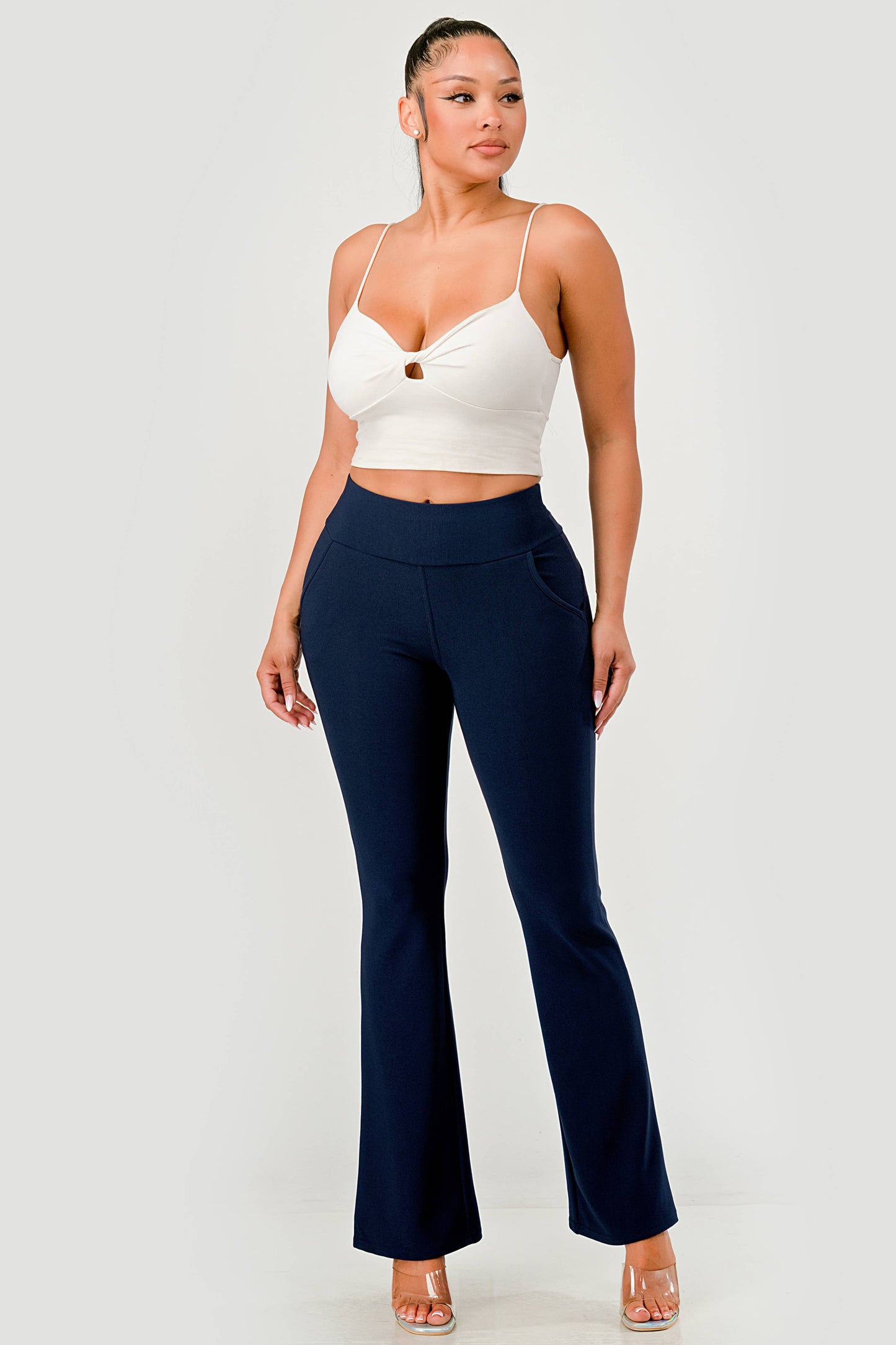 Womens Tummy Control Butt Sculpting Flare Pants With Pockets - Red