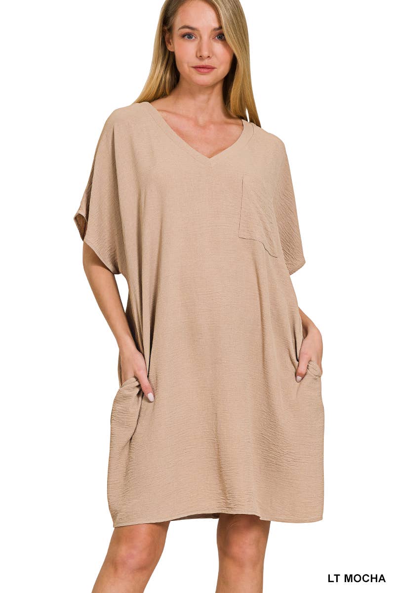 Woven Airflow V Neck T Shirt Dress With Pockets Zenana