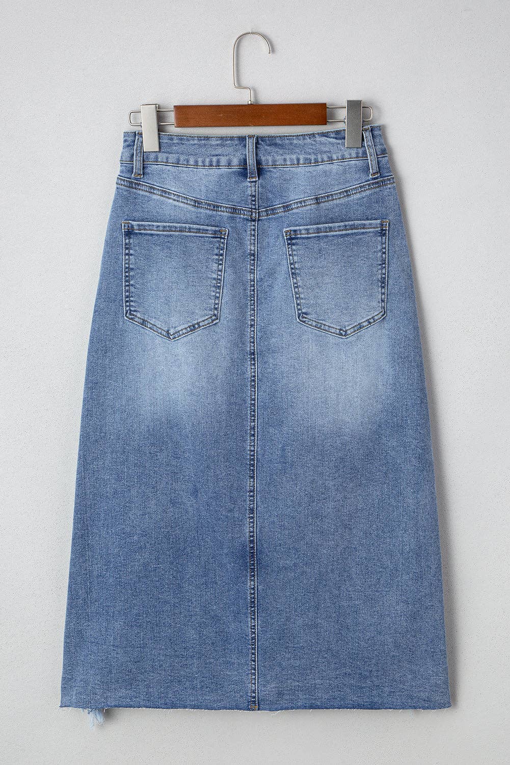 Denim Asymmetrical Distressed Midi Skirt