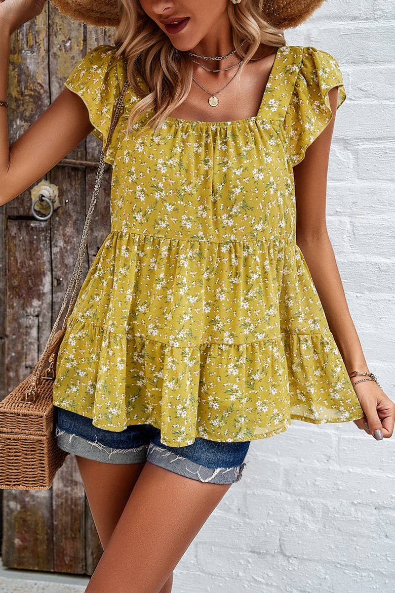 Square Neck Floral Ruffle Sleeve Top