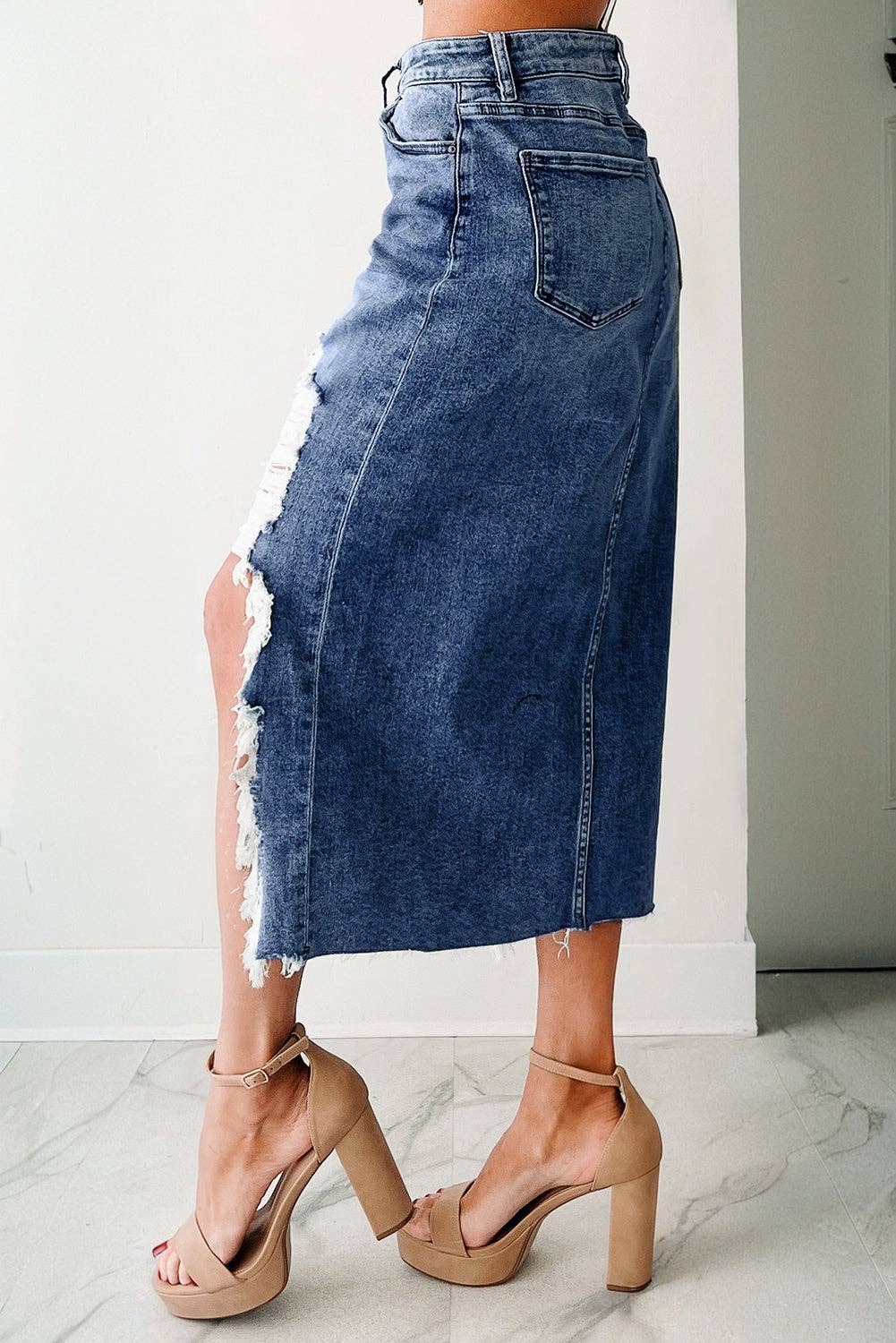 Denim Asymmetrical Distressed Midi Skirt