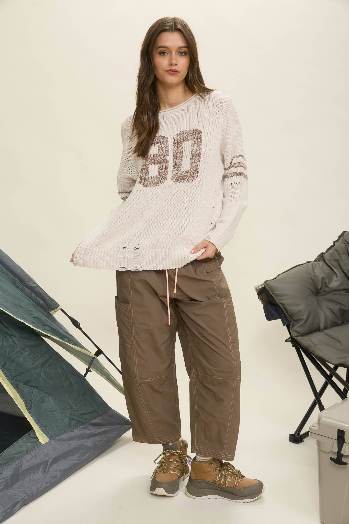 DISTRESSED LONG SLEEVE VARSITY KNIT TOP