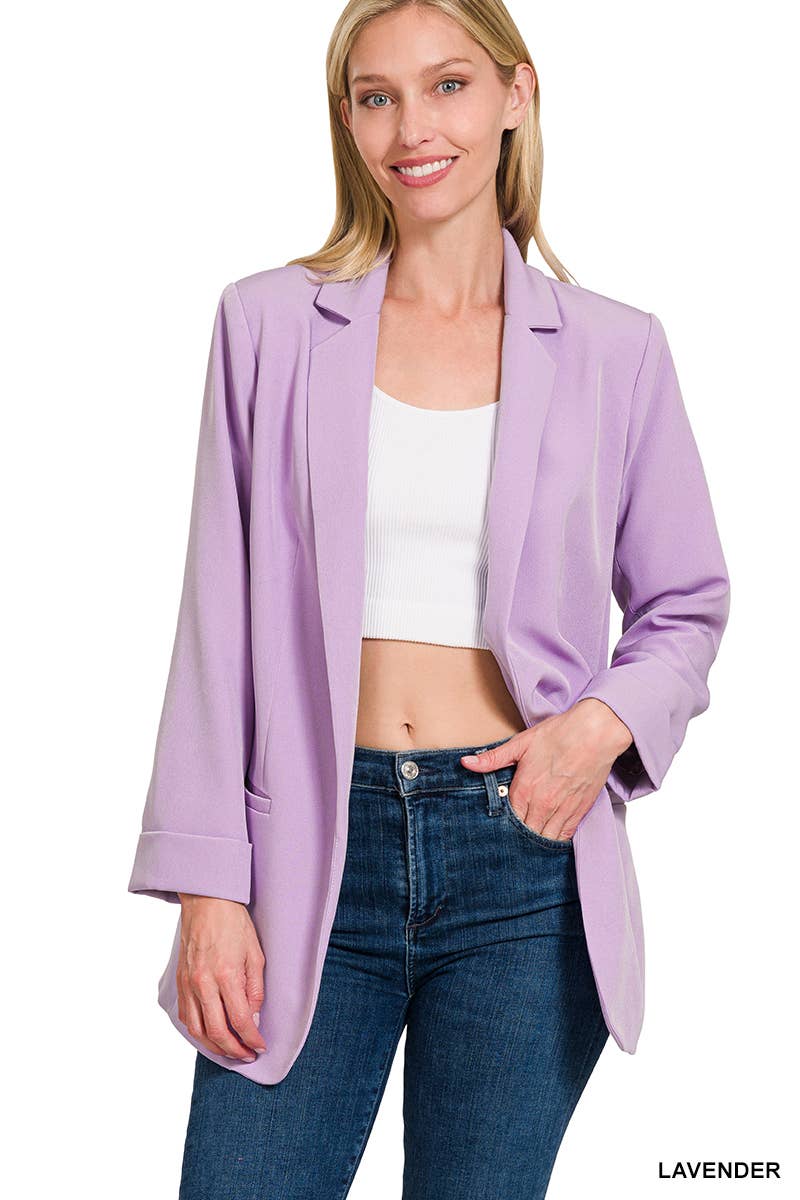 Zenana WOVEN OPEN FRONT CLASSIC BLAZER - Black