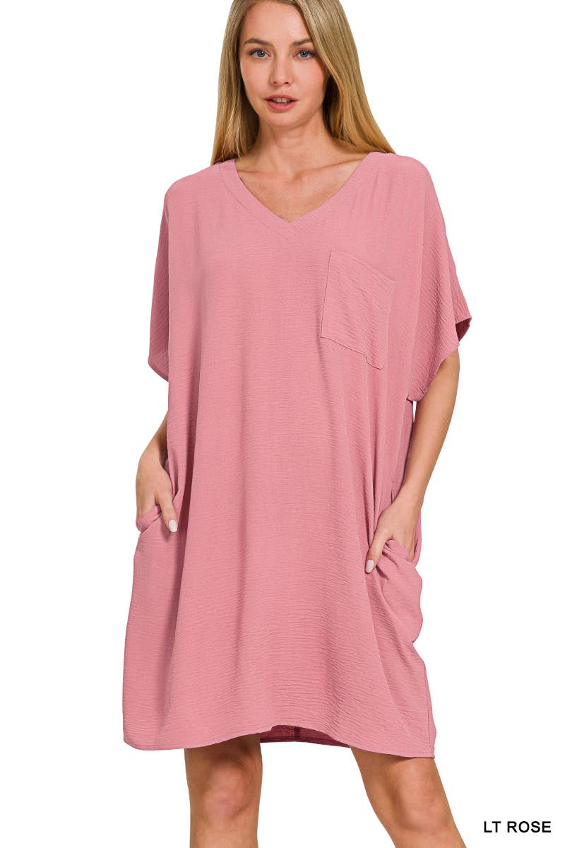 Woven Airflow V Neck T Shirt Dress With Pockets Zenana