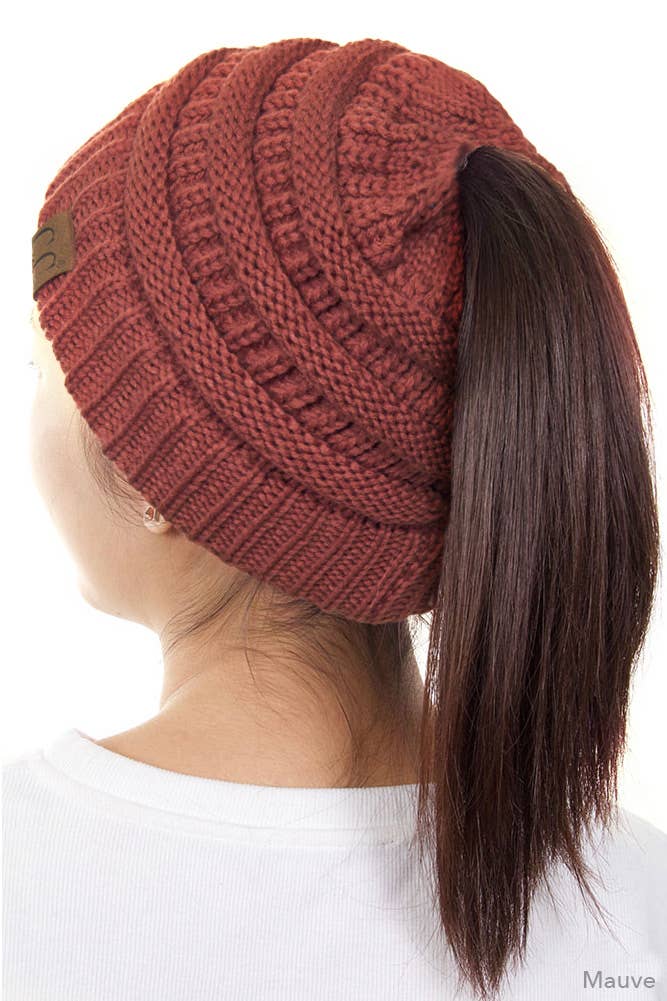 C.C Solid Color Ponytail Messy Bun Beanie