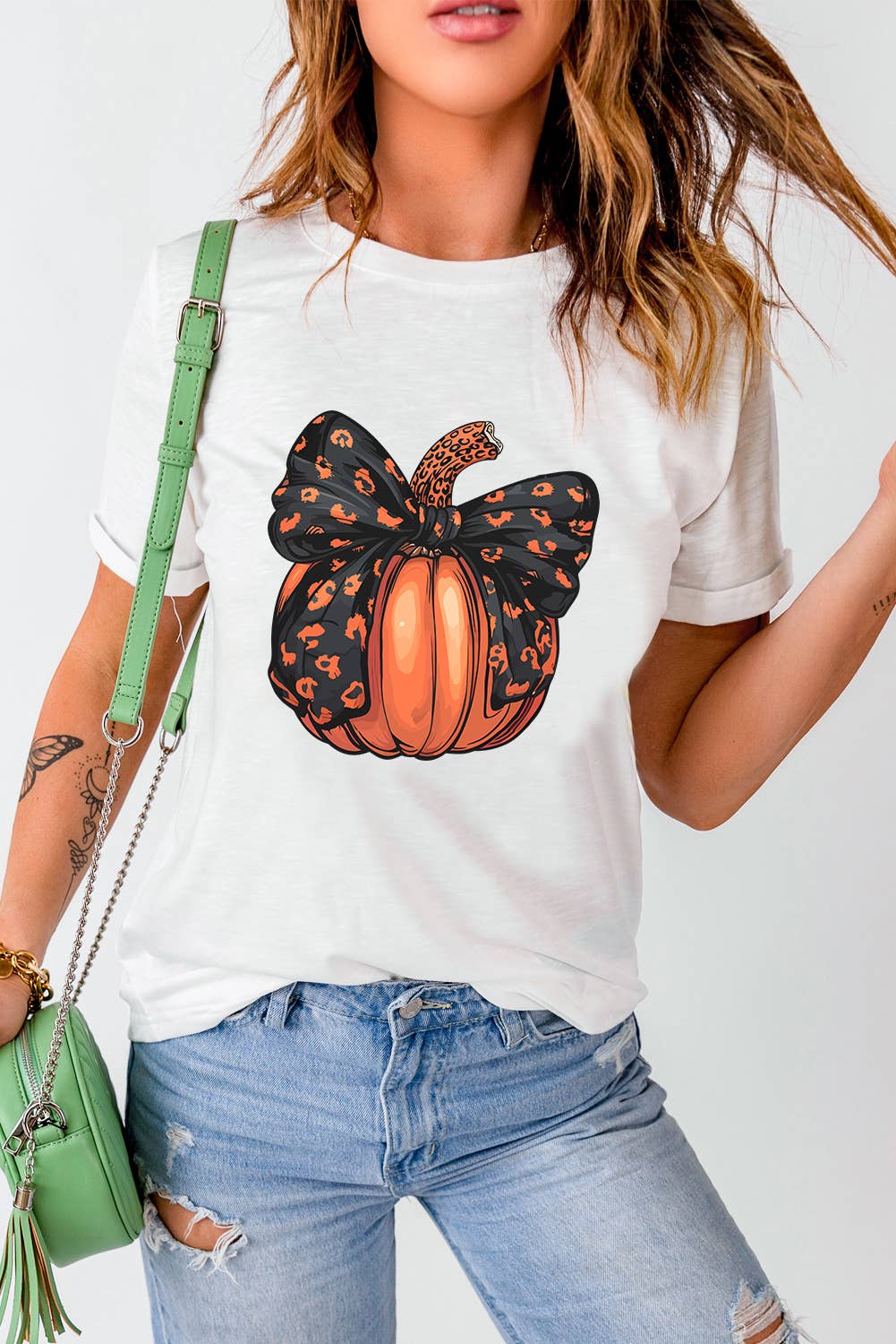 Halloween Bowknot Pumpkin Graphic Crewneck T Shirt