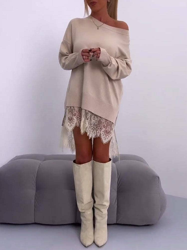 Elegant Lace Trim Patchwork Split Sweatshirt Dress