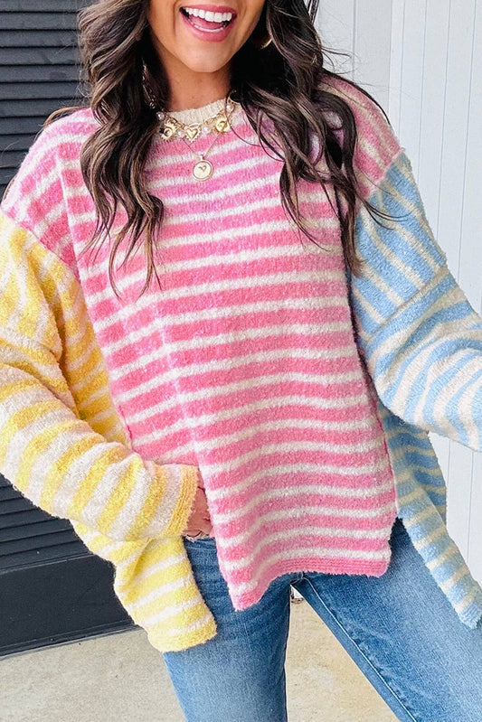 Multicolor Color Block Striped Patchwork Dolman Sleeve Slit Sweater