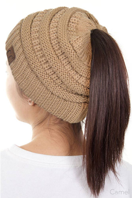 C.C Solid Color Ponytail Messy Bun Beanie