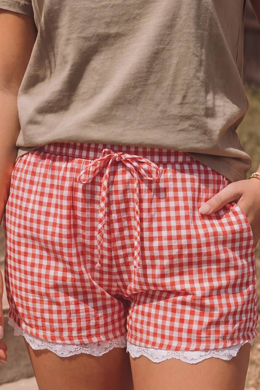 Gingham Plaid Tie Elastic Waist Lace Patchwork Hem Shorts