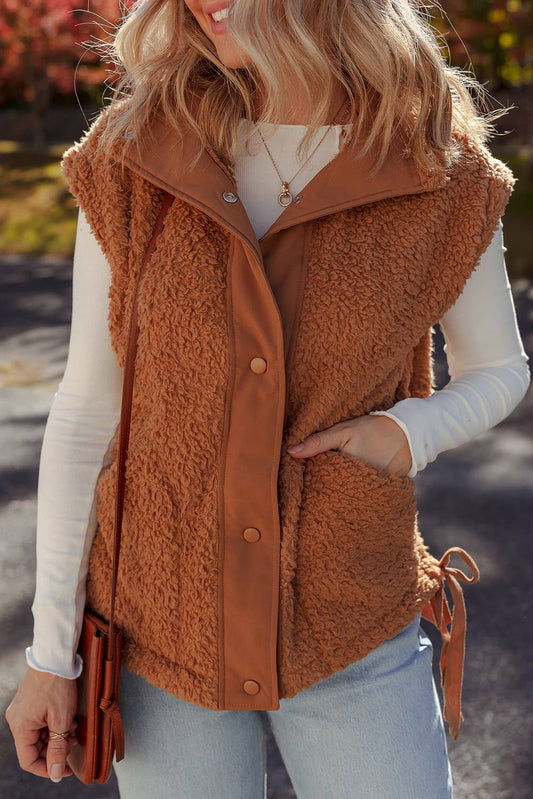 Faux Fur Snap Button Front Knot Side Winter Vest | S-XL