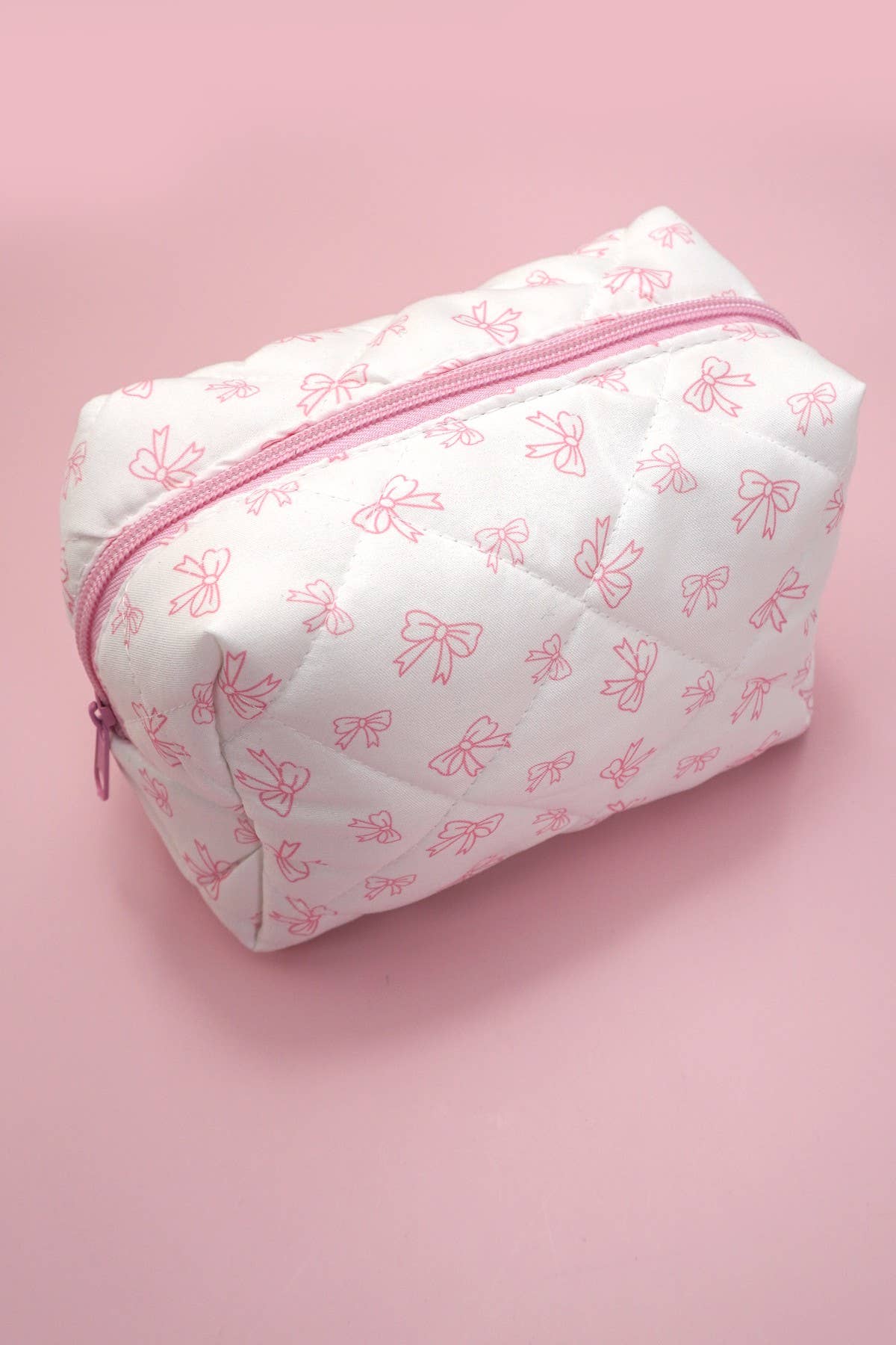 QUILTED COTTON BOW COSMETIC POUCH BAG