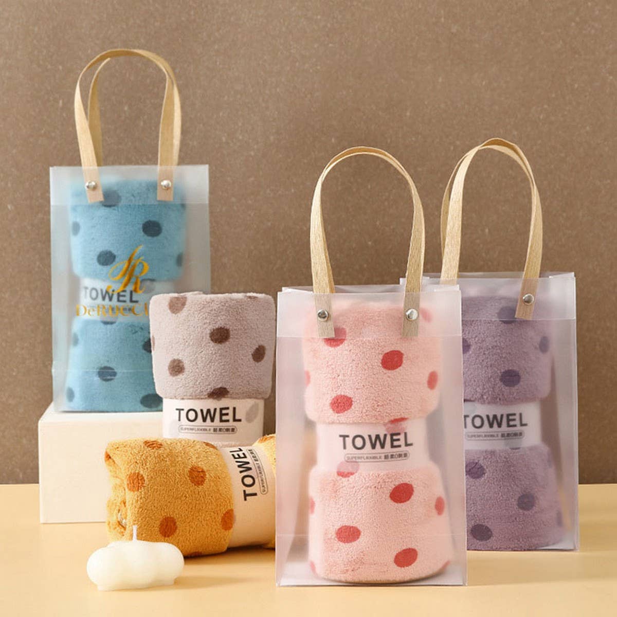 CORAL FLEECE POLKA DOT ABSORBENT FACE TOWEL - Khaki