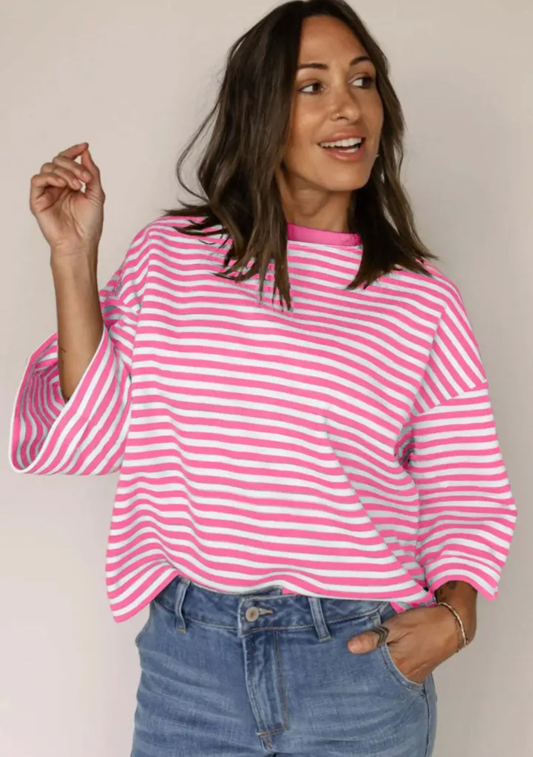Striped Knit Crew Neck Top with Back Bow Tie Detail - Multiple Colors