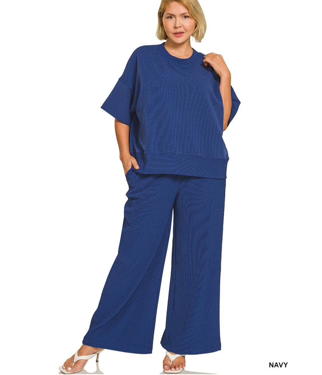 Zenana Plus ribbed round neck tee & pants set