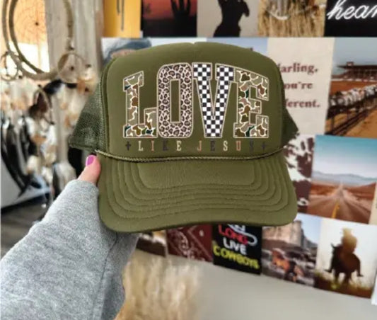 Love Like Jesus Dtf Printed-Olive Trucker Hat