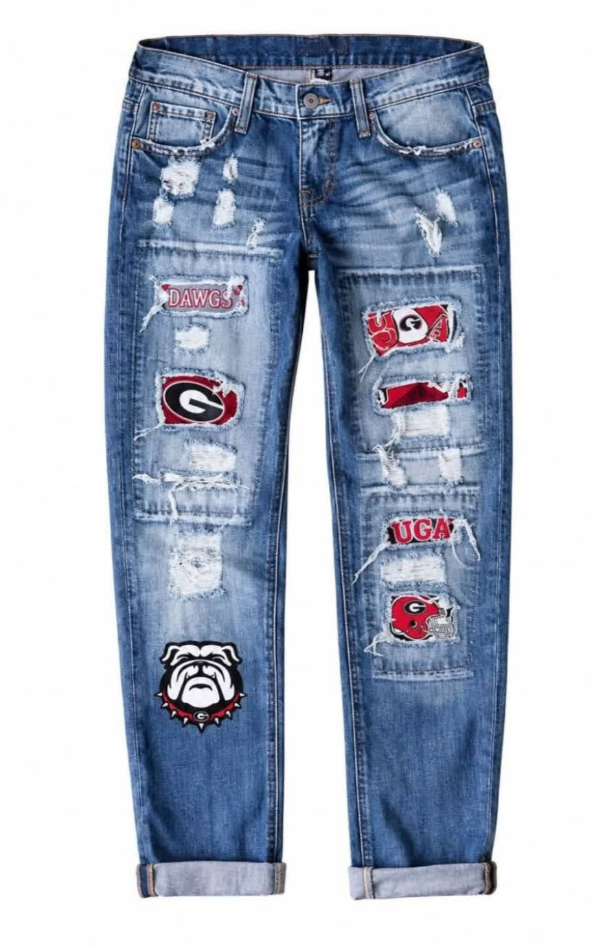 Game Day Ripped Straight Leg Mid Rise Printed Pants