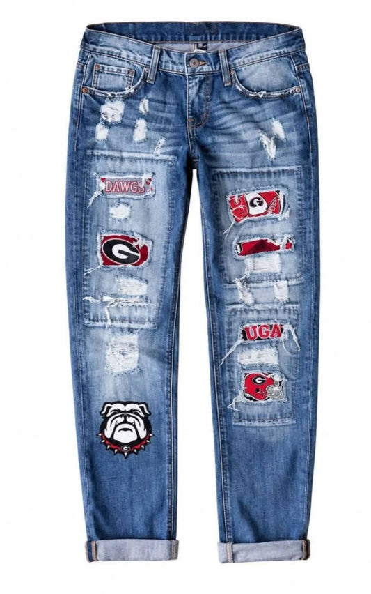 Game Day Ripped Straight Leg Mid Rise Printed Pants
