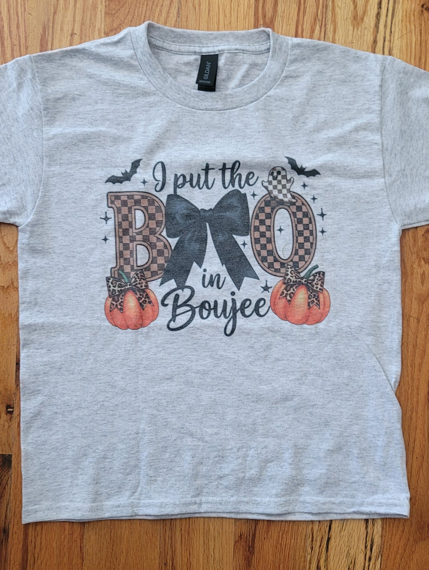 I Put The Boo In Bou-jee Youth Halloween Graphic Tee- Ash Grey