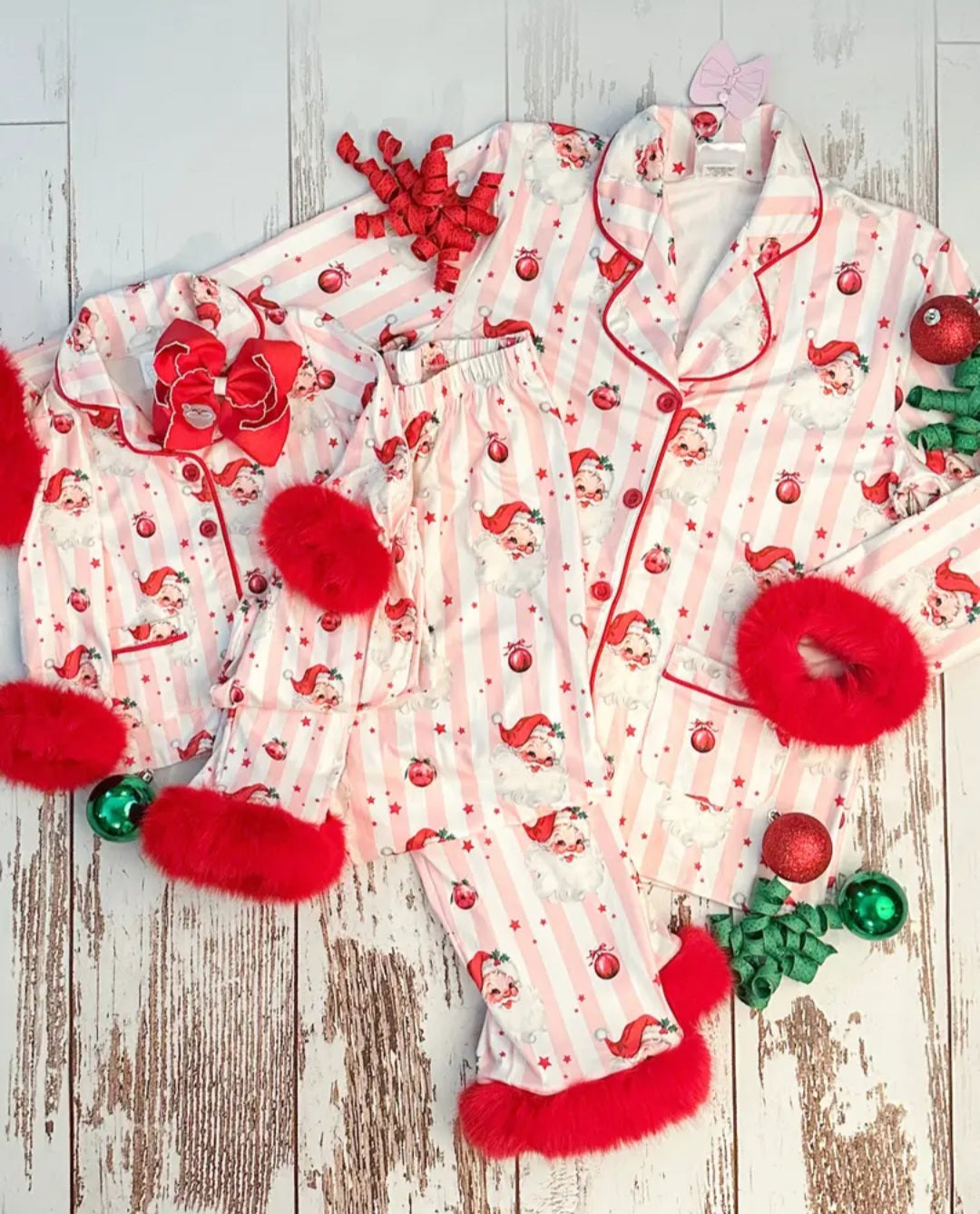 Mommy & Me Santa & Stripes Fuzzy Trim Pj's