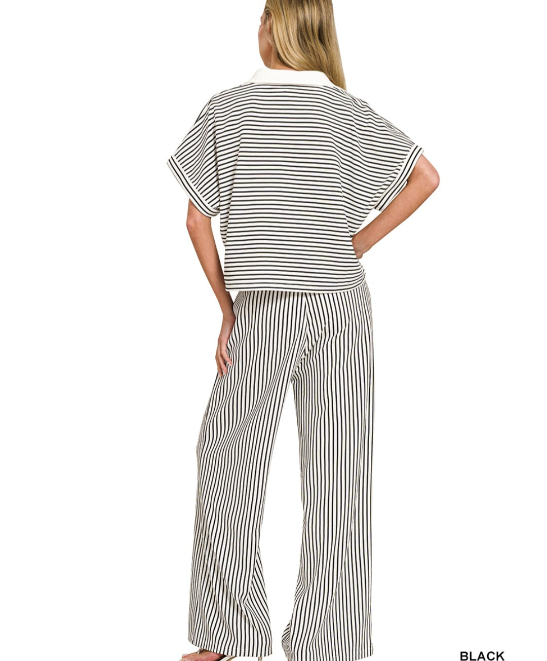 Zenana Striped split neck collared top & pants set
