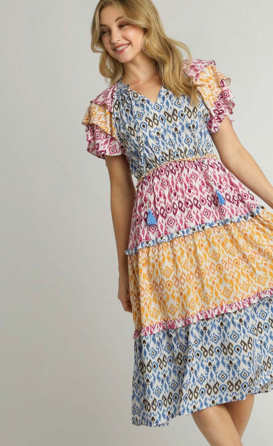 Umgee Mixed Aztec Midi Dress with Tassel Front Tie & Ruffle Sleeves