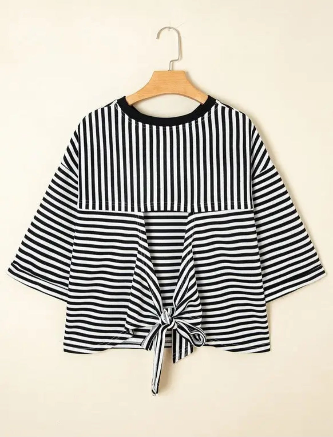 Striped Knit Crew Neck Top with Back Bow Tie Detail